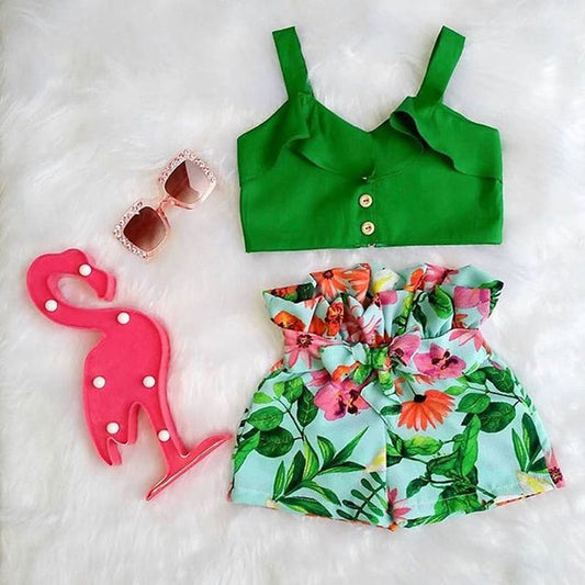 Summer Toddler Baby Girl Floral Ruffle Vest Crop Tops + Floral Print Bandage Shorts 2pcs Outfits Set Clothes 1-6Y Dropshipping