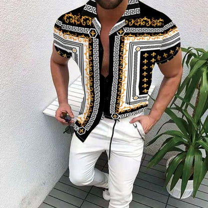 Nation Style Summer Man Shirt 2020 Mens Ethnic Printed Stand Collar Stripe Short Sleeve Loose Hawaiian Henley Casual Shirt 298