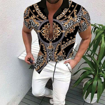 Nation Style Summer Man Shirt 2020 Mens Ethnic Printed Stand Collar Stripe Short Sleeve Loose Hawaiian Henley Casual Shirt 298