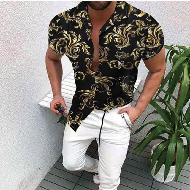 Nation Style Summer Man Shirt 2020 Mens Ethnic Printed Stand Collar Stripe Short Sleeve Loose Hawaiian Henley Casual Shirt 298