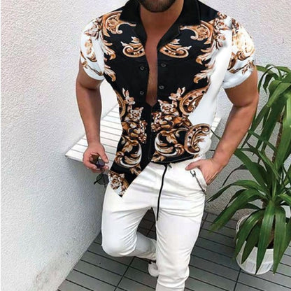 Nation Style Summer Man Shirt 2020 Mens Ethnic Printed Stand Collar Stripe Short Sleeve Loose Hawaiian Henley Casual Shirt 298