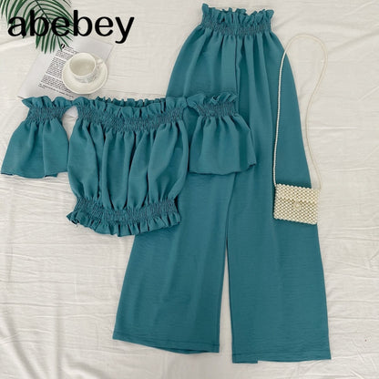 2021 New Spring Summer Fashionable All-match off shoulder Slash neck short Top + high waist slim wide leg Pants two piece set