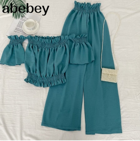 2021 New Spring Summer Fashionable All-match off shoulder Slash neck short Top + high waist slim wide leg Pants two piece set