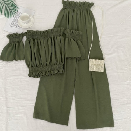 2021 New Spring Summer Fashionable All-match off shoulder Slash neck short Top + high waist slim wide leg Pants two piece set