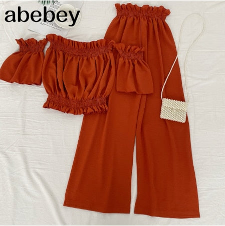 2021 New Spring Summer Fashionable All-match off shoulder Slash neck short Top + high waist slim wide leg Pants two piece set