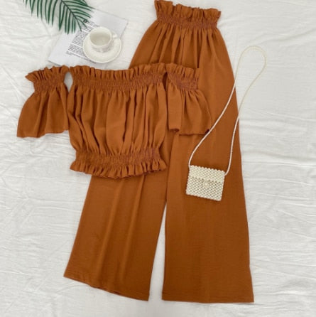 2021 New Spring Summer Fashionable All-match off shoulder Slash neck short Top + high waist slim wide leg Pants two piece set