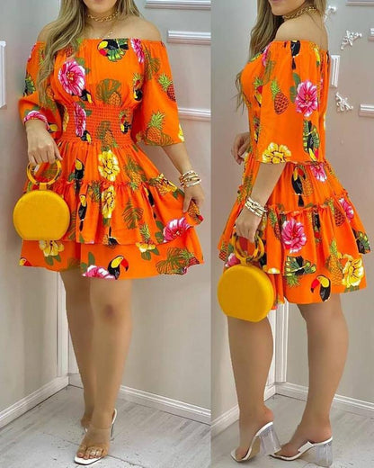 Fashion Elegant Fruit Print Off Shoulder Short Sleeve Kawaii Fairy High Waist Pleated A-Line Dress Summer Women's Party Dress