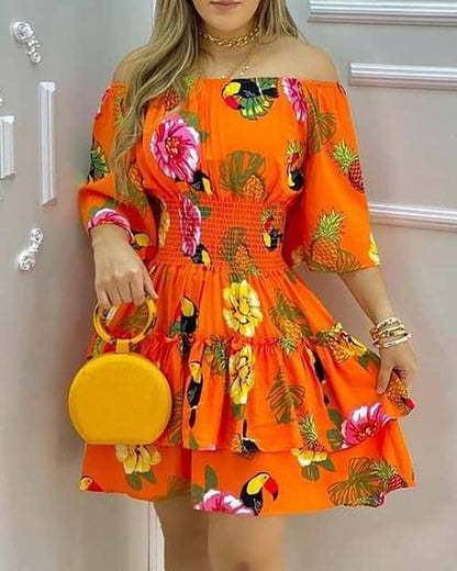 Fashion Elegant Fruit Print Off Shoulder Short Sleeve Kawaii Fairy High Waist Pleated A-Line Dress Summer Women's Party Dress