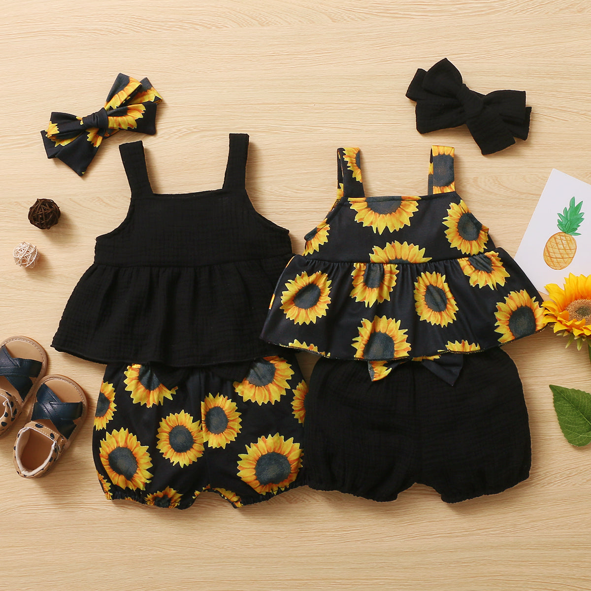 New Summer Baby Girl Clothes Cotton Sunflower Black Infant Baby Casual Outfits Set Top+ Bow Shorts+Headband Cute Baby Clothes