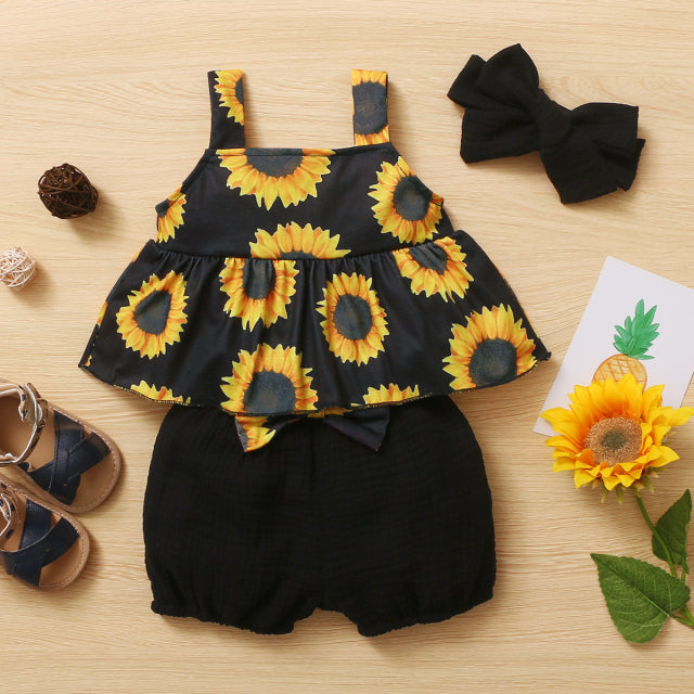 New Summer Baby Girl Clothes Cotton Sunflower Black Infant Baby Casual Outfits Set Top+ Bow Shorts+Headband Cute Baby Clothes