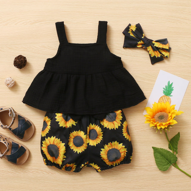 New Summer Baby Girl Clothes Cotton Sunflower Black Infant Baby Casual Outfits Set Top+ Bow Shorts+Headband Cute Baby Clothes