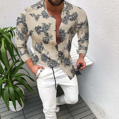 Summer Button Up Shirt Men Casual Beach Slim Fit Long Sleeves Clothing Floral Single Breasted Cotton Linen Cardigan Men Shirt