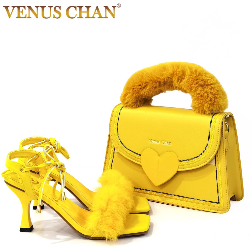 Venus Chan shoes and Bag Set Sandals 2021 Summer New Women Shoes Fur Cross straps High Heels 7.5cm Stiletto Model Catwalk Shoe