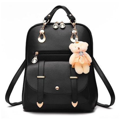 Preppy Style Women Backpack Bear Toys PU Leather Schoolbags for Teenage Girls Female Rucksack Shoulder Bag Travel Knapsack