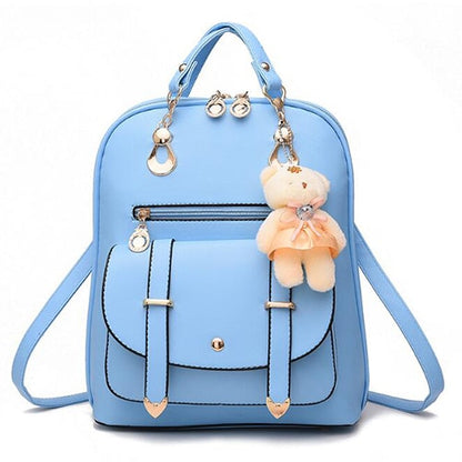 Preppy Style Women Backpack Bear Toys PU Leather Schoolbags for Teenage Girls Female Rucksack Shoulder Bag Travel Knapsack