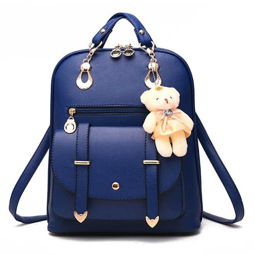 Preppy Style Women Backpack Bear Toys PU Leather Schoolbags for Teenage Girls Female Rucksack Shoulder Bag Travel Knapsack