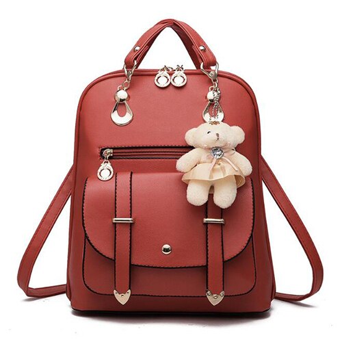 Preppy Style Women Backpack Bear Toys PU Leather Schoolbags for Teenage Girls Female Rucksack Shoulder Bag Travel Knapsack