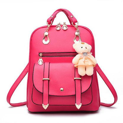 Preppy Style Women Backpack Bear Toys PU Leather Schoolbags for Teenage Girls Female Rucksack Shoulder Bag Travel Knapsack