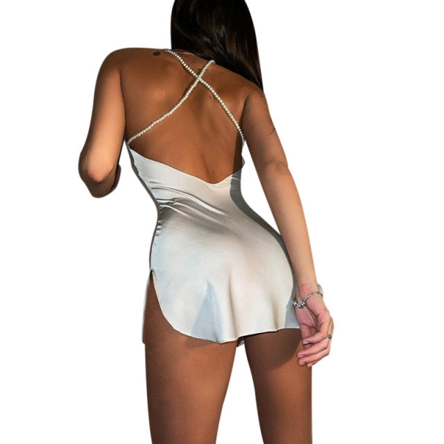 WannaThis Silk Strap Mini Dresses Backless Solid Color Criss Front Pearl Sexy Summer Sexy Party Sleeveless Dresses Clubwear 2021