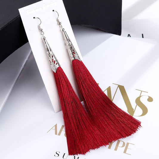 L&H Bohemia Long Statement Tassel Earrings Hot Sale Vintage Geometric Red Black Silk Drop Earrings For Women New Fashion Jewelry