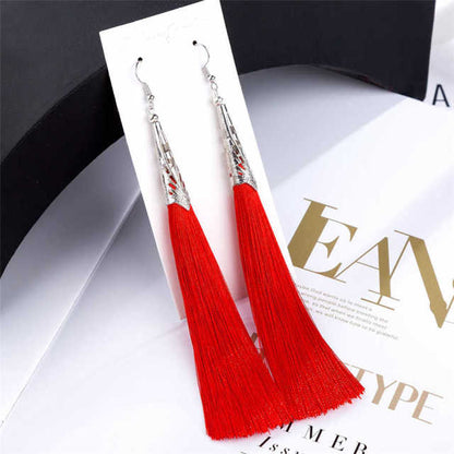 L&H Bohemia Long Statement Tassel Earrings Hot Sale Vintage Geometric Red Black Silk Drop Earrings For Women New Fashion Jewelry