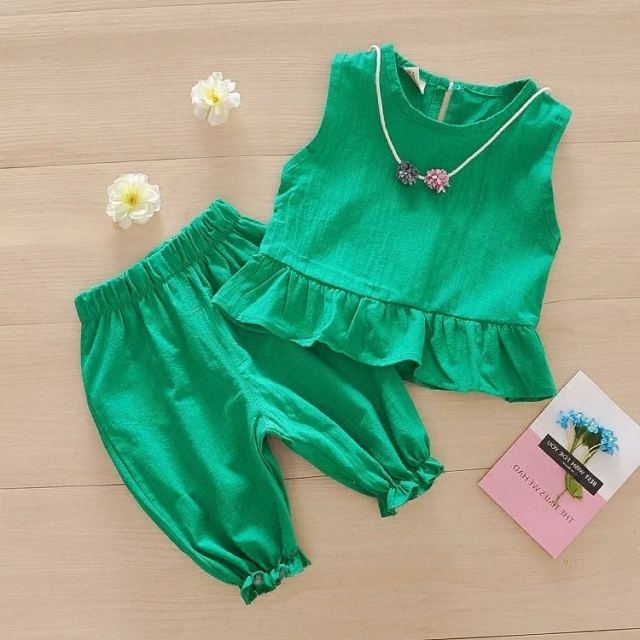 2021 New Summer Girls Green Cute Sleeveless Children's Floral Children's Clothing Girls Tops + Shorts 2 Sets Of Free Shipping