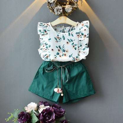 2021 New Summer Girls Green Cute Sleeveless Children's Floral Children's Clothing Girls Tops + Shorts 2 Sets Of Free Shipping