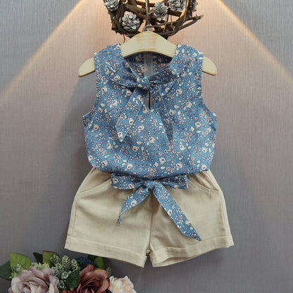 2021 New Summer Girls Green Cute Sleeveless Children's Floral Children's Clothing Girls Tops + Shorts 2 Sets Of Free Shipping