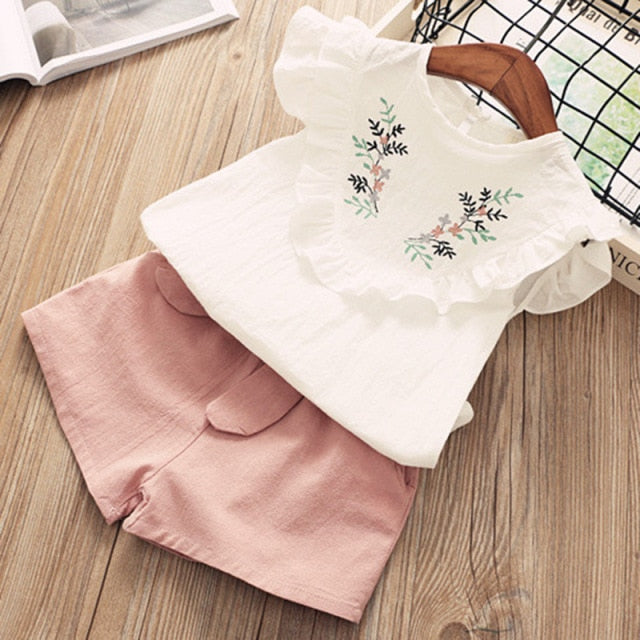 2021 New Summer Girls Green Cute Sleeveless Children's Floral Children's Clothing Girls Tops + Shorts 2 Sets Of Free Shipping