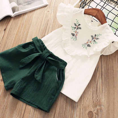 2021 New Summer Girls Green Cute Sleeveless Children's Floral Children's Clothing Girls Tops + Shorts 2 Sets Of Free Shipping