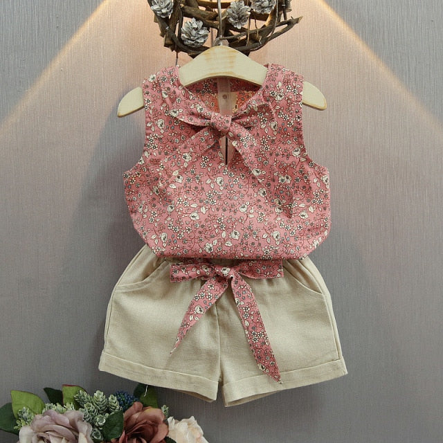 2021 New Summer Girls Green Cute Sleeveless Children's Floral Children's Clothing Girls Tops + Shorts 2 Sets Of Free Shipping