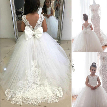 FashionMia Ivory White Appliques Tulle Bowknot Ball Gown Flower Girls Dress for Wedding Party Birthday Sleeveless Cute Kids