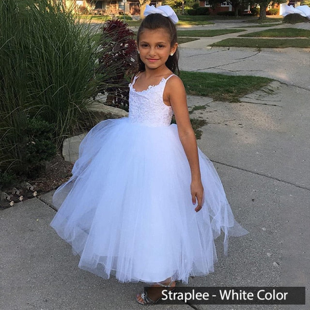 FashionMia Ivory White Appliques Tulle Bowknot Ball Gown Flower Girls Dress for Wedding Party Birthday Sleeveless Cute Kids