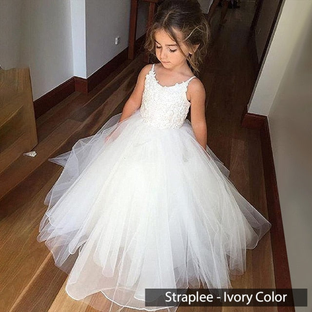 FashionMia Ivory White Appliques Tulle Bowknot Ball Gown Flower Girls Dress for Wedding Party Birthday Sleeveless Cute Kids