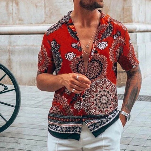 Nation Style Summer Man Shirt 2020 Mens Ethnic Printed Stand Collar Stripe Short Sleeve Loose Hawaiian Henley Casual Shirt 298