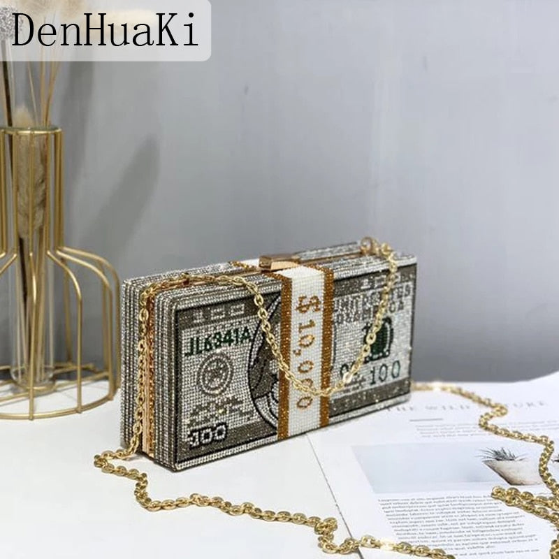 Stack of Cash Crystals Women Money Evening Clutch Bags diamond painting chain Wedding Dinner Purses and Handbags luxury designer