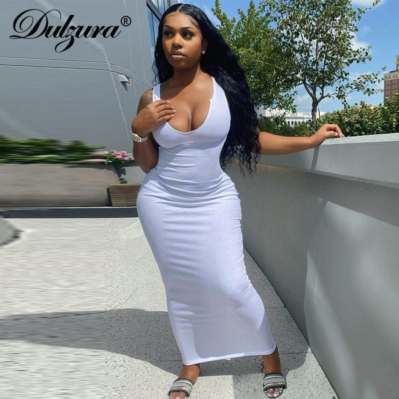 Dulzura Ribbed Knitted Stripe Women Pure Sleeveless Midi Dress V Neck Bodycon Sexy Streetwear Party Club Elegant 2021 Summer