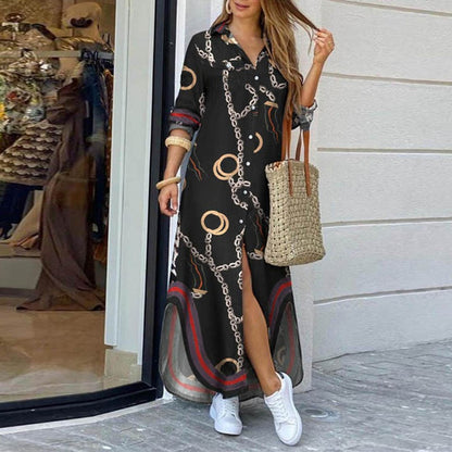 Casual Dresses Women Long Sleeve Shirt Dress Autumn Printed OL Long Dresses Laides Loose Party Dress Maxi Dress vestido casual