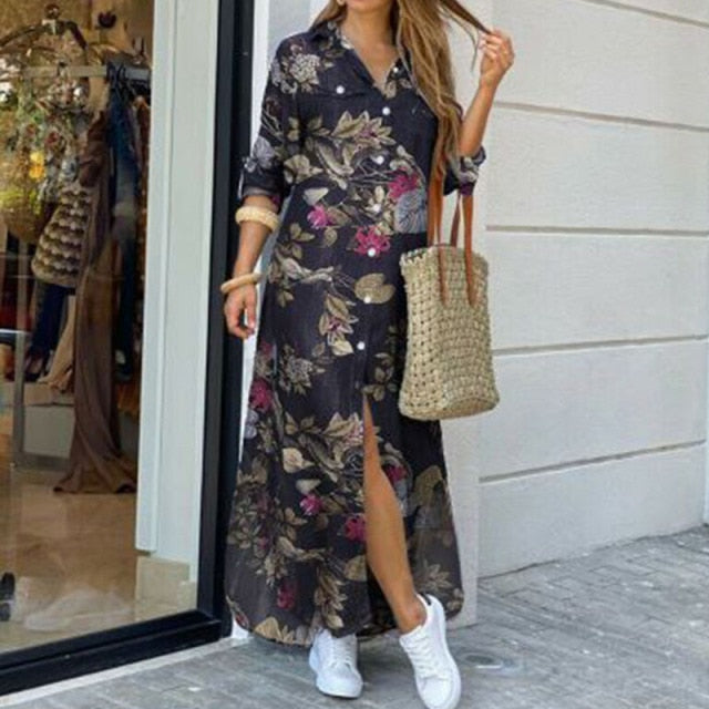 Casual Dresses Women Long Sleeve Shirt Dress Autumn Printed OL Long Dresses Laides Loose Party Dress Maxi Dress vestido casual