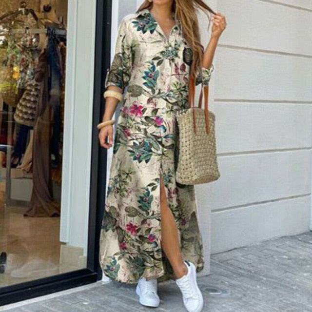 Casual Dresses Women Long Sleeve Shirt Dress Autumn Printed OL Long Dresses Laides Loose Party Dress Maxi Dress vestido casual