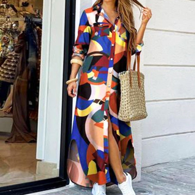 Casual Dresses Women Long Sleeve Shirt Dress Autumn Printed OL Long Dresses Laides Loose Party Dress Maxi Dress vestido casual