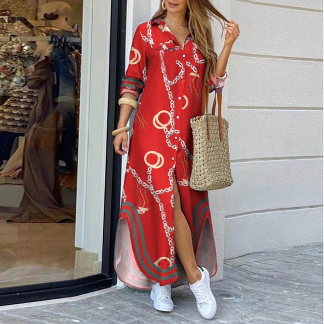 Casual Dresses Women Long Sleeve Shirt Dress Autumn Printed OL Long Dresses Laides Loose Party Dress Maxi Dress vestido casual