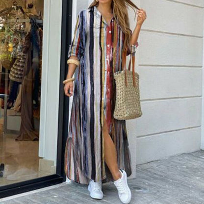 Casual Dresses Women Long Sleeve Shirt Dress Autumn Printed OL Long Dresses Laides Loose Party Dress Maxi Dress vestido casual