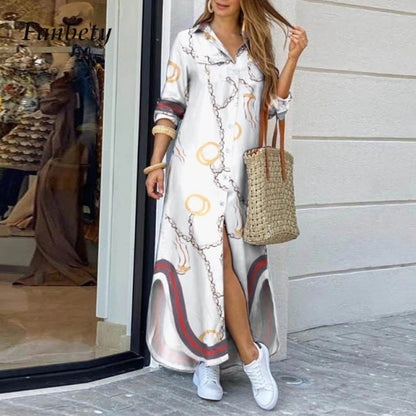 Casual Dresses Women Long Sleeve Shirt Dress Autumn Printed OL Long Dresses Laides Loose Party Dress Maxi Dress vestido casual