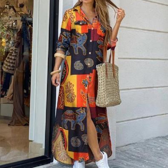 Casual Dresses Women Long Sleeve Shirt Dress Autumn Printed OL Long Dresses Laides Loose Party Dress Maxi Dress vestido casual