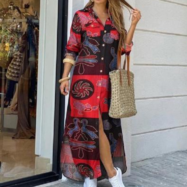 Casual Dresses Women Long Sleeve Shirt Dress Autumn Printed OL Long Dresses Laides Loose Party Dress Maxi Dress vestido casual