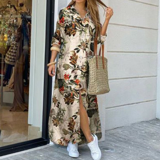 Casual Dresses Women Long Sleeve Shirt Dress Autumn Printed OL Long Dresses Laides Loose Party Dress Maxi Dress vestido casual