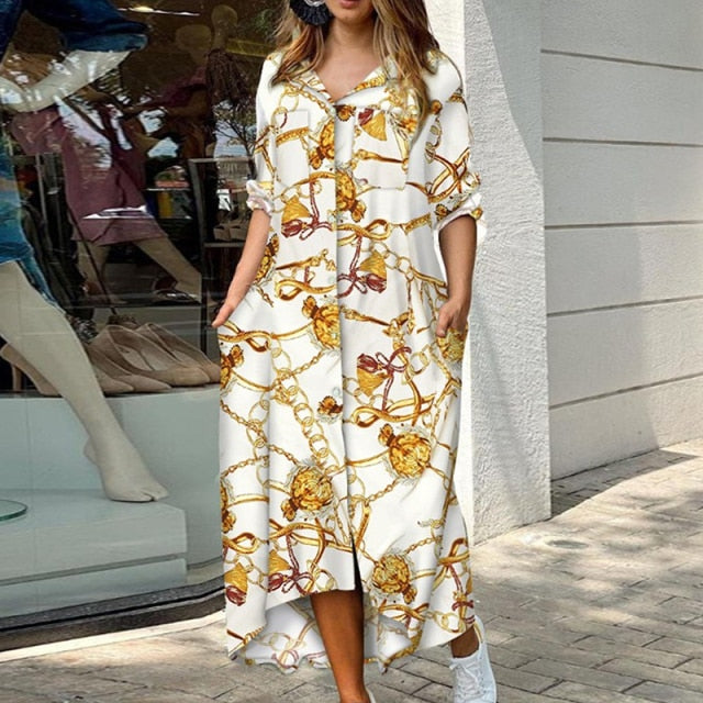 Casual Dresses Women Long Sleeve Shirt Dress Autumn Printed OL Long Dresses Laides Loose Party Dress Maxi Dress vestido casual