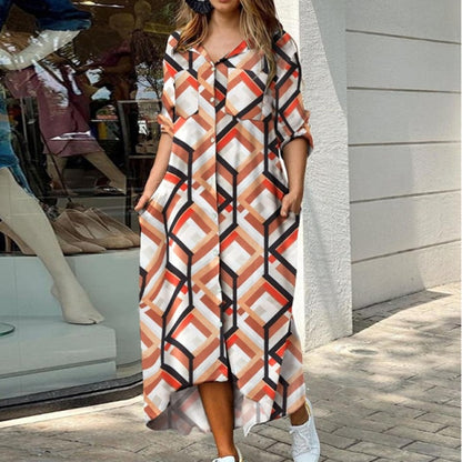 Casual Dresses Women Long Sleeve Shirt Dress Autumn Printed OL Long Dresses Laides Loose Party Dress Maxi Dress vestido casual