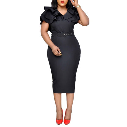 Fashion Women Dresses Summer 2021 Office Lady Solid Color V Neck Short Ruffled Sleeve Belt Bodycon Midi Dress Vestidos Robe New